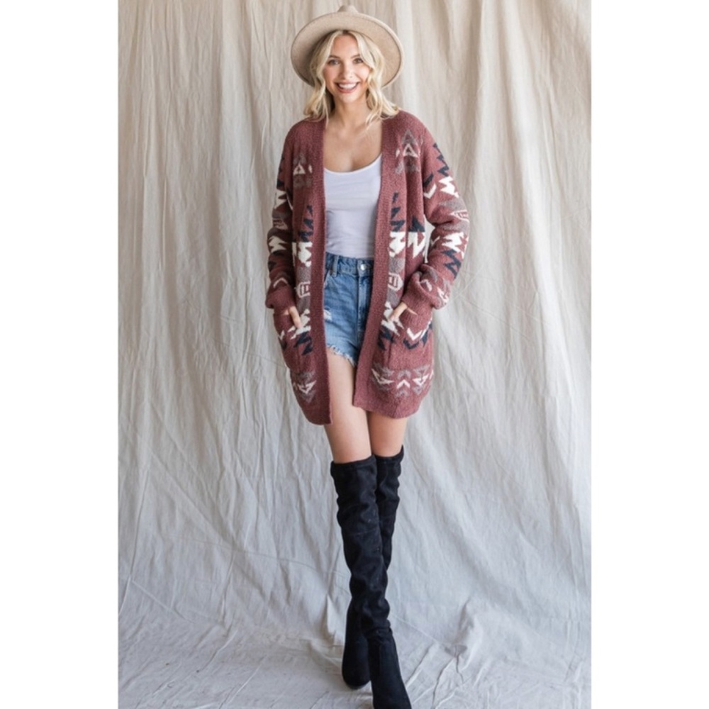 SOLD OUT Brick Fuzzy Blanket Aztec Tribal Native Western Boho Open Cardigan - Picture 4 of 7